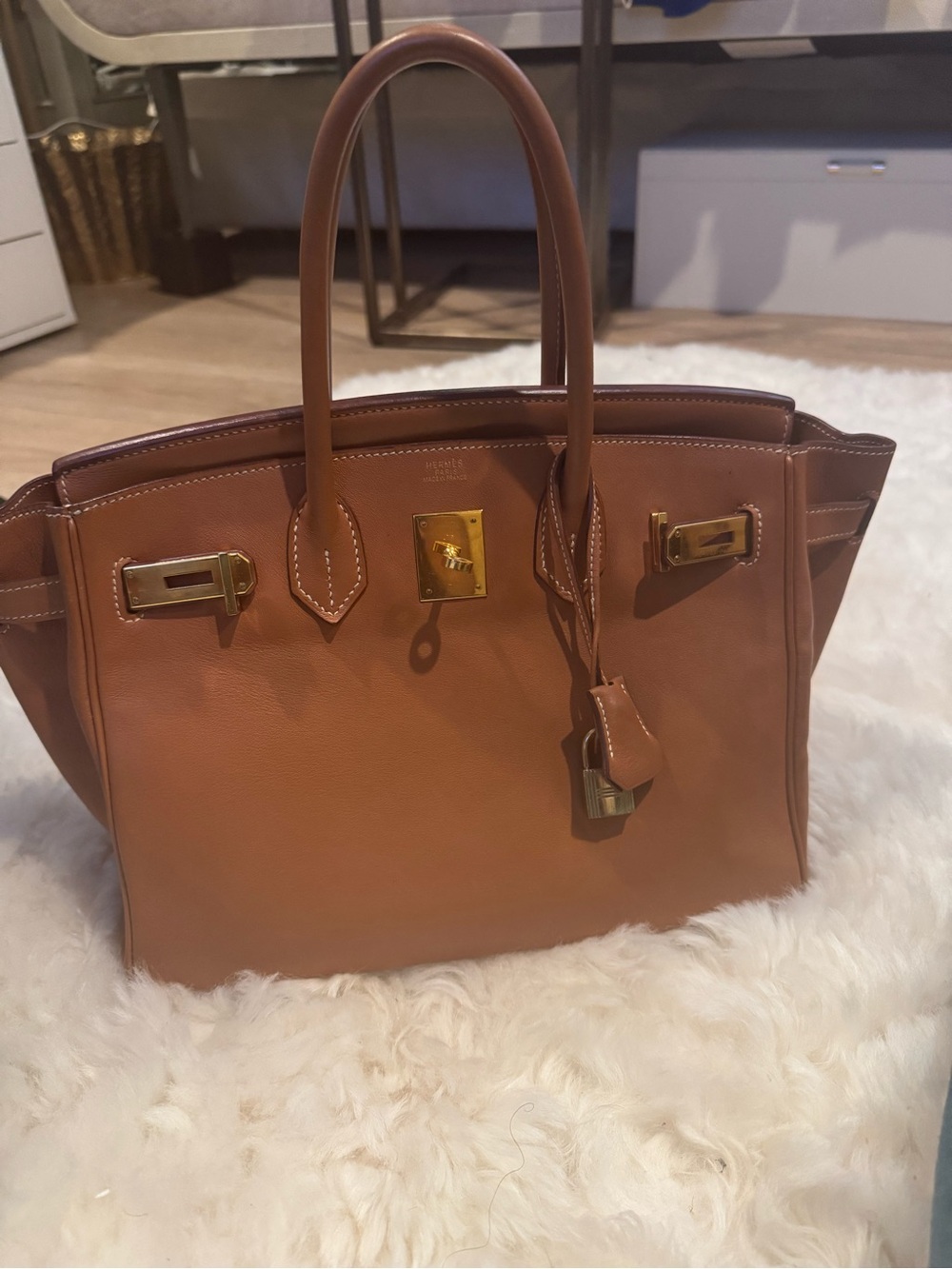 Leather Top-Handle Tote Bag in Cognac Brown